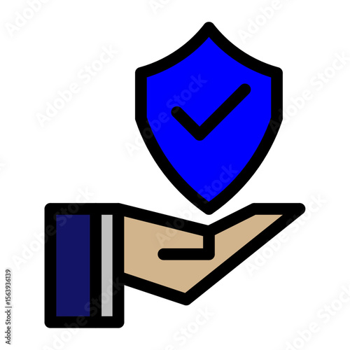icon depicting an open hand holding a shield with a check mark.