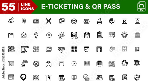 E-Ticketing and QR Pass Icons – QR Code, Ticket App, Scan Gate, Booking
