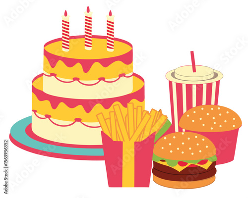 Colorful isometric illustration of a birthday cake with fast food elements on a white background.