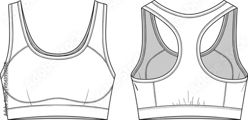 Sports bra sketch, scoop neckline drawing, racerback structure, wide strap design, front and back view, fashion garment illustration, athletic wear layout, stylish apparel