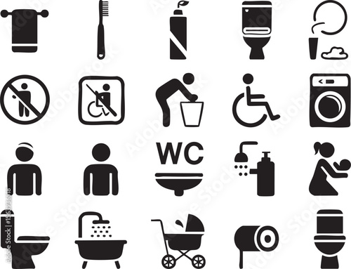 Bathroom toilet wc hygiene icons vector set for web design and mobile apps