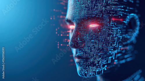 Digital representation of human face with glowing red eyes and circuit like patterns symbolizes advanced AI technology and futuristic concepts. image conveys sense of innovation and artificial