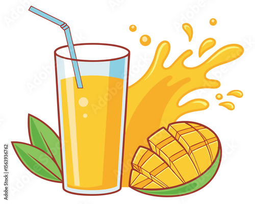 A vibrant illustration of refreshing mango juice with a sliced mango and juice splash element. mango, juice, drink, beverage, fruit, fresh.