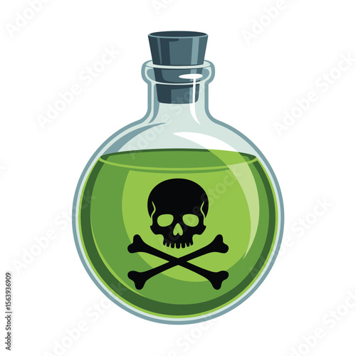 Glass bottle with green liquid and skull and crossbones symbol for poison
