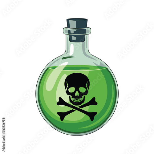 Glass bottle with green liquid and skull and crossbones symbol