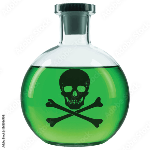 Round glass flask filled with bright green liquid and skull and crossbones symbol