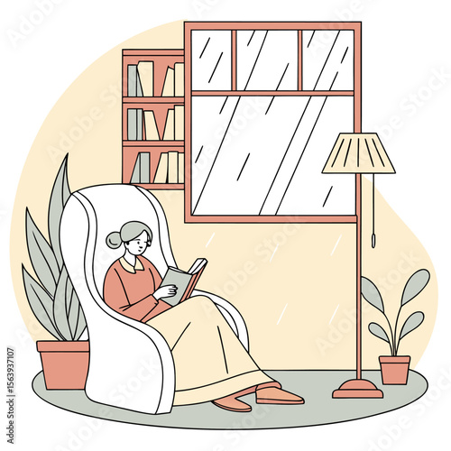 A woman is comfortably reading a book in a cozy armchair next to a large window with a bookshelf and a floor lamp
