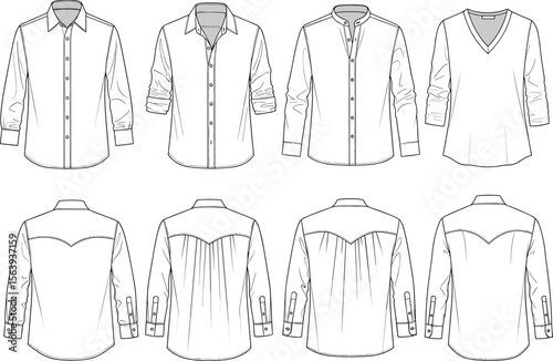 Shirt design sketches, button-down fashion illustration, collar and sleeve variations, front and back views, garment construction drawing, stylish apparel layout, structured clothing concept