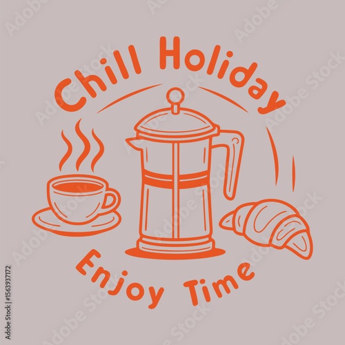 Vector illustration of a coffee cup french press and croissant for a relaxing chill holiday morning.