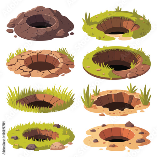 Collection of cartoon holes in the ground with grass and rocks