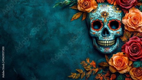 Teal Skull and Roses on Dark Background, Dia de los Muertos ,Floral Skull