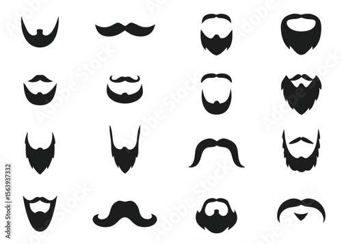 Collection of vector silhouettes featuring diverse mustache and beard styles in a simple black and white design.