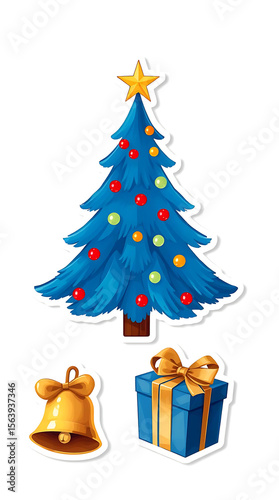 Cartoon Christmas Tree, Gift, and Bell: Festive Blue and Gold Sticker Design