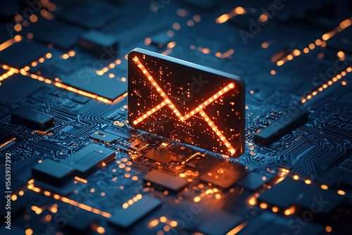 Glowing email icon is embedded in circuit board, symbolizing digital communication and technology. illuminated lines and dark background create futuristic and high tech atmosphere