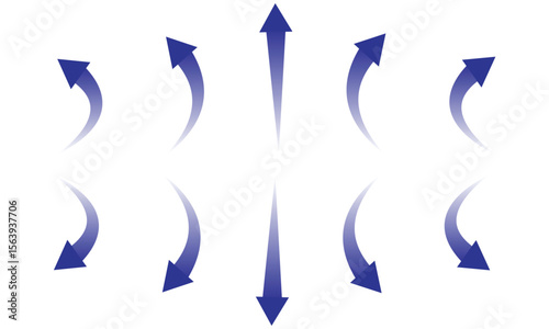 Air flow. Set of blue arrows showing direction of air movement. Wind direction arrows. Blue cold fresh stream from the conditioner. Vector illustration isolated on white background
