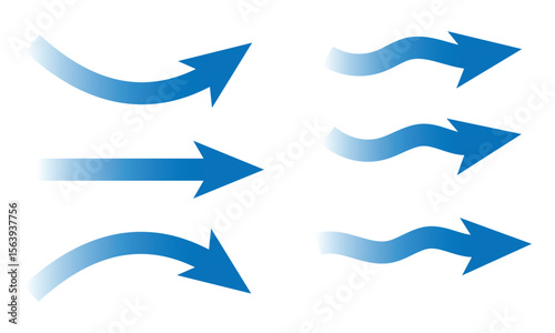 Air flow. Set of blue arrows showing direction of air movement. Wind direction arrows. Blue cold fresh stream from the conditioner. Vector illustration isolated on white background