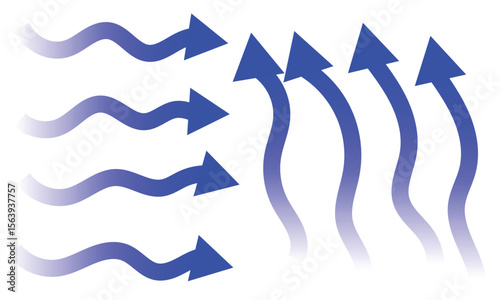 Air flow. Set of blue arrows showing direction of air movement. Wind direction arrows. Blue cold fresh stream from the conditioner. Vector illustration isolated on white background