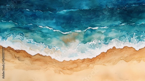 Watercolor Beach Aerial View of Waves on Sandy Shore, coastal, seascape