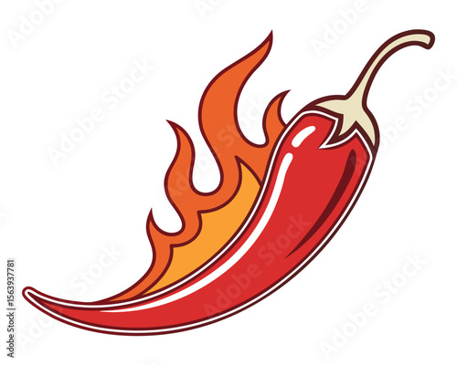 A vibrant illustration of a fiery red chili pepper with flames on a clean white background.