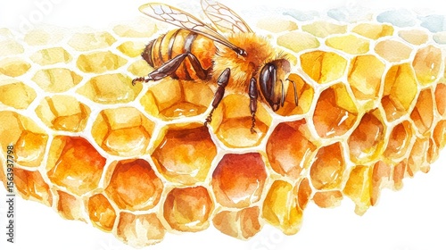 Watercolor Bee on Honeycomb Sweet Honey, Nature ,Wildlife
