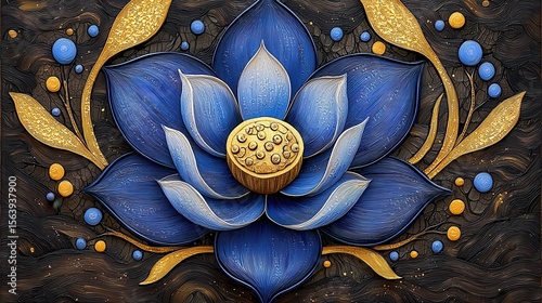 Intricate Blue and Gold Flower Digital Art on Dark Background