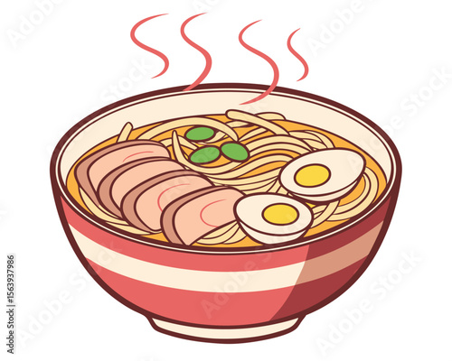 Delicious illustration of traditional japanese ramen soup bowl featuring eggs and sliced meat with steam.