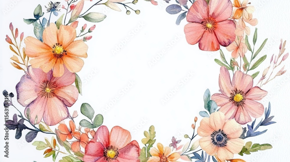 Obraz premium Watercolor Floral Wreath Peach, Pink Flowers and Leaves Frame, floral border, invitation