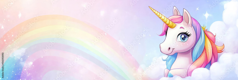 Fototapeta premium Colorful unicorn illustration with a sparkling horn, surrounded by fluffy clouds and a vibrant rainbow, creating a whimsical and enchanting atmosphere for children's design projects