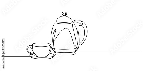 Teapot and tea cup vector one line continuous drawing illustration. Pouring drink. Hand drawn linear silhouette icon, Teapot with a cup outline drawing illustration. Minimal outline design element.