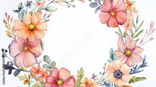 Watercolor Floral Wreath Peach, Pink Flowers and Leaves Frame, floral border, invitation
