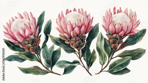 Watercolor Pink Protea Flowers with Green Leaves Arrangement, Floral, Botanical