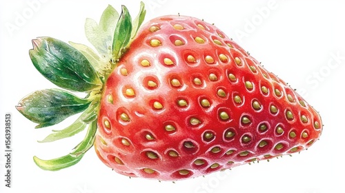 Watercolor Strawberry Art Fresh Red Fruit with Green Leaves, Food art , Berry