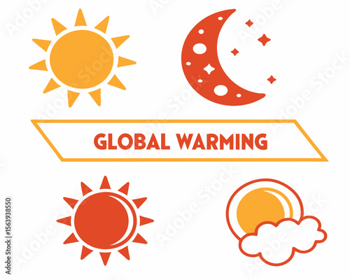 Illustrated graphic depicting global warming with stylized sun moon and cloud elements in flat design.