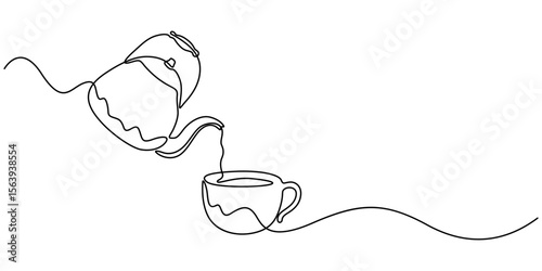 Teapot and tea cup vector one line continuous drawing illustration. Pouring drink. Hand drawn linear silhouette icon, Teapot with a cup outline drawing illustration. Minimal outline design element.