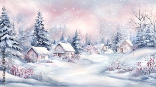Watercolor Winter Village Snowfall, Pink Sky, holiday ,scenery