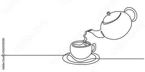 Teapot and tea cup vector one line continuous drawing illustration. Pouring drink. Hand drawn linear silhouette icon, Teapot with a cup outline drawing illustration. Minimal outline design element.