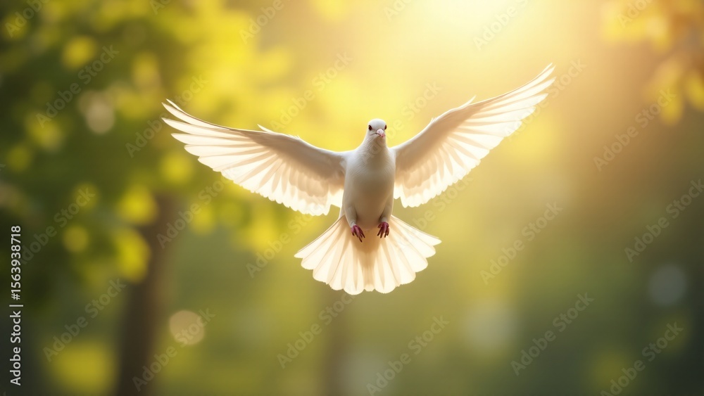 Fototapeta premium White Dove Flying In Sunlight, Peace
