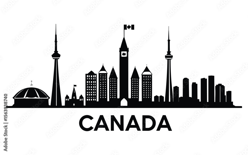 Fototapeta premium American City Skyline Silhouette with Skyscrapers and Famous Towers in Minimal Black Design