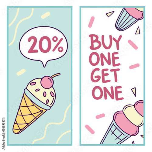 Sweet summer sale two vertical banners featuring ice cream cones with twenty percent off and buy one get one free offers