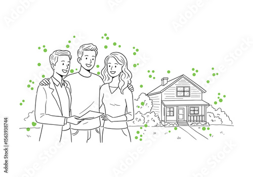 Happy couple with realtor buying new house line illustration

