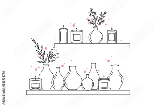 Shelf decor with vases, candles and floral arrangements for modern interior