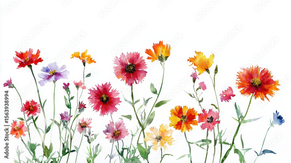 Fototapeta premium Watercolor floral illustration featuring vibrant flowers in various colors and shapes, creating cheerful and lively atmosphere