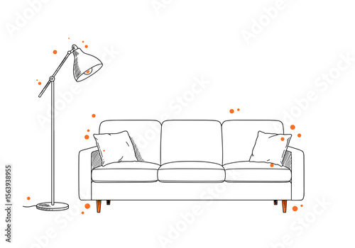 Modern living room with sofa, pillows and floor lamp