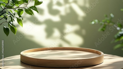 Wooden Podium with Plant Shadows on Green Background, Mockup ,Product display