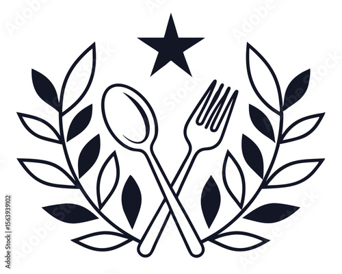 Elegant black and white restaurant logo design featuring a spoon fork star and decorative leaves.