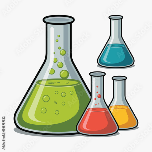 Four colorful laboratory flasks containing liquids and bubbles on a white background
