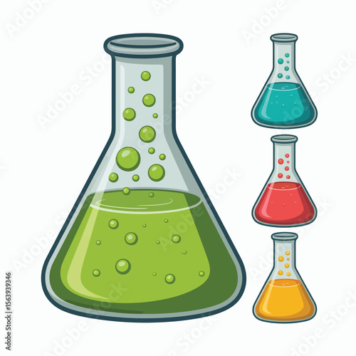 Colorful laboratory flasks with bubbling liquids representing scientific discovery