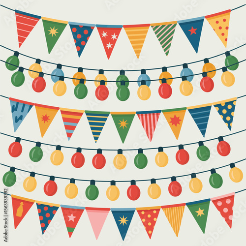 Colorful festive bunting flags and string lights decoration for celebration