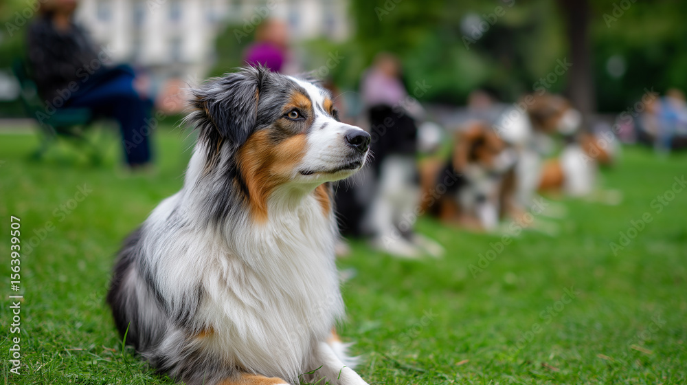 Obraz premium Australian shepherd dog sitting attentively on green grass during outdoor training session. 