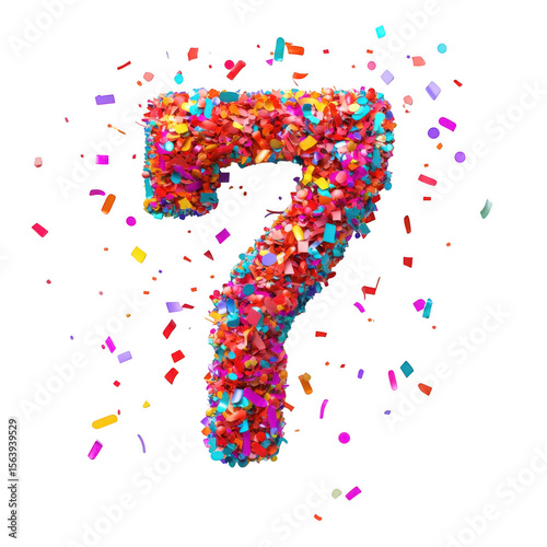 Vibrant number seven formed from colorful confetti pieces isolated on white background